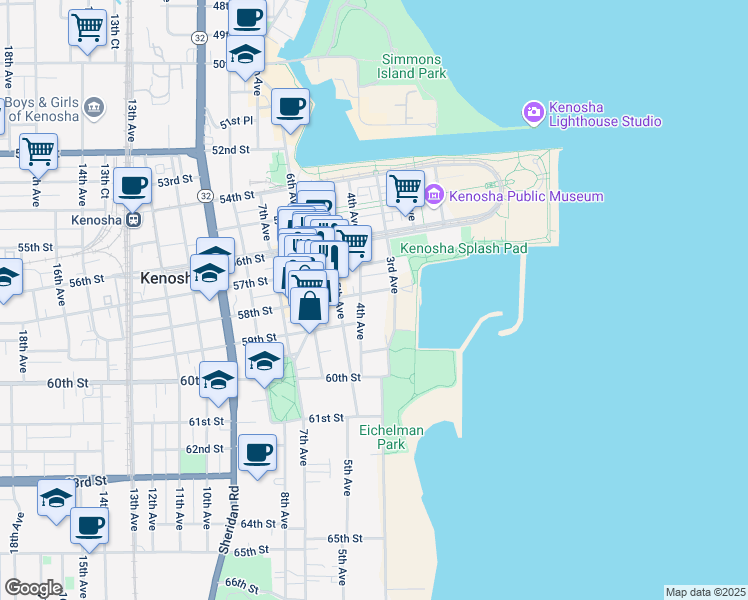 map of restaurants, bars, coffee shops, grocery stores, and more near 404 58th Street in Kenosha