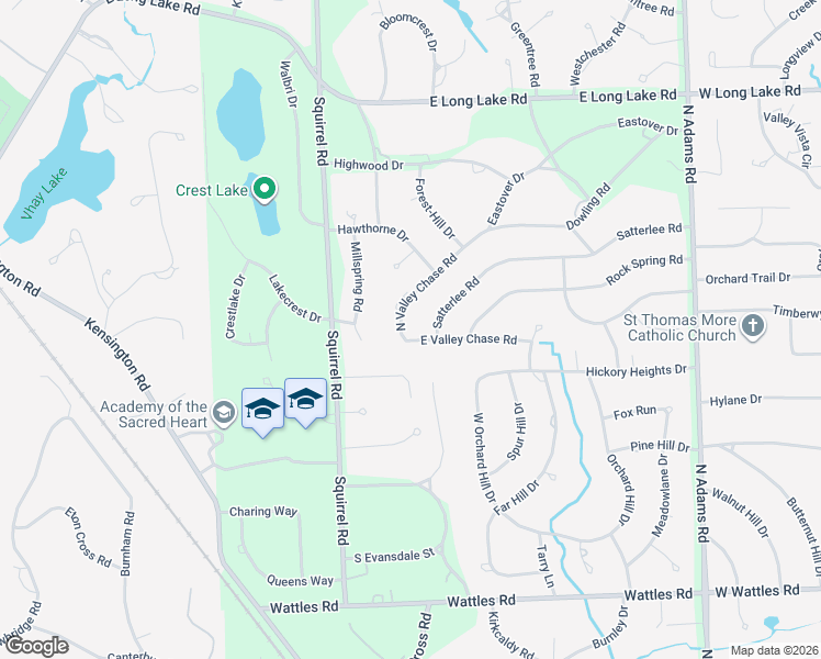 map of restaurants, bars, coffee shops, grocery stores, and more near 716 North Valley Chase Road in Bloomfield Hills