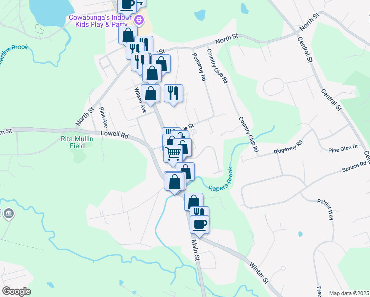 map of restaurants, bars, coffee shops, grocery stores, and more near 2 Greenbriar Drive in North Reading