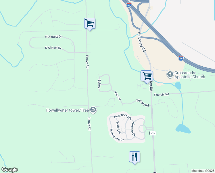 map of restaurants, bars, coffee shops, grocery stores, and more near 465 Hosta in Howell