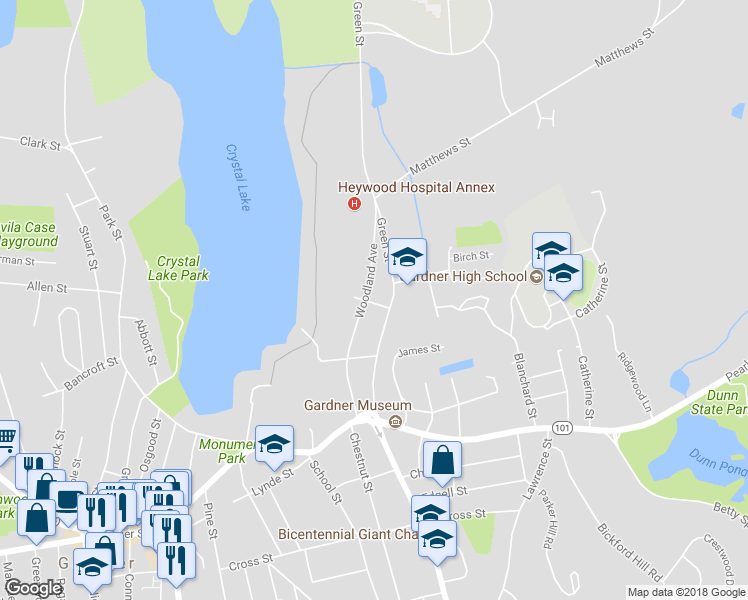map of restaurants, bars, coffee shops, grocery stores, and more near 140 Woodland Avenue in Gardner