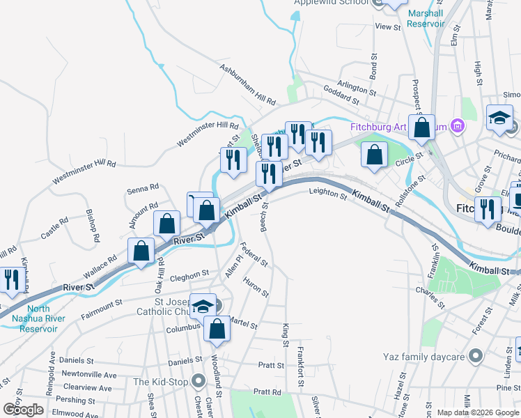 map of restaurants, bars, coffee shops, grocery stores, and more near 22 Beech Street in Fitchburg