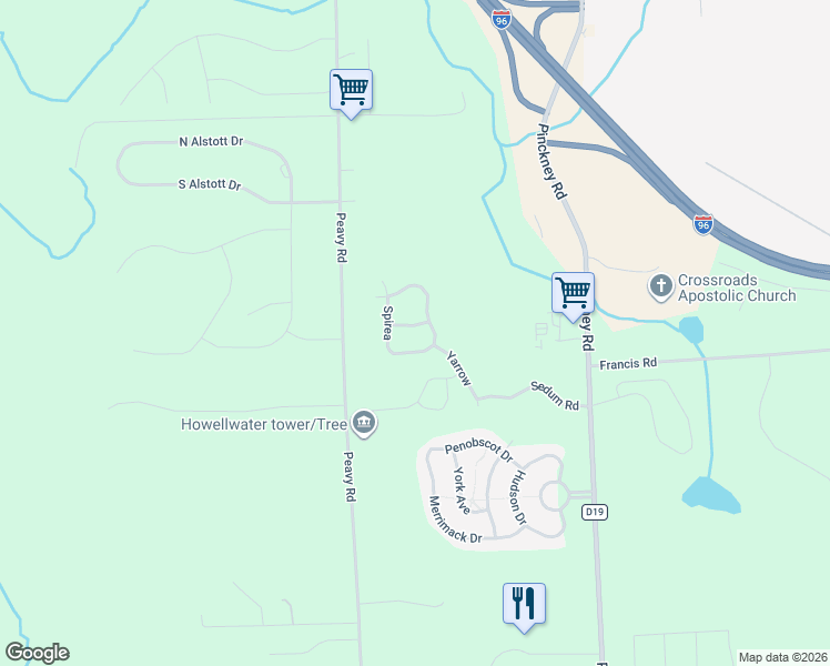 map of restaurants, bars, coffee shops, grocery stores, and more near 465 Hosta in Howell