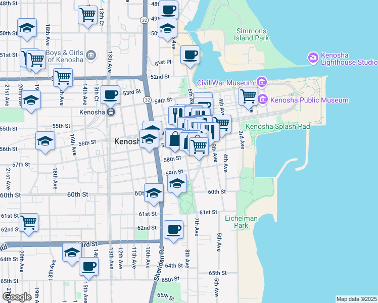 map of restaurants, bars, coffee shops, grocery stores, and more near 618 58th Street in Kenosha