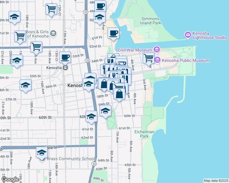 map of restaurants, bars, coffee shops, grocery stores, and more near 618 58th St in Kenosha