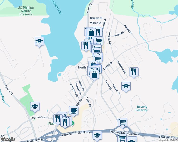 map of restaurants, bars, coffee shops, grocery stores, and more near 23 Pershing Avenue in Beverly
