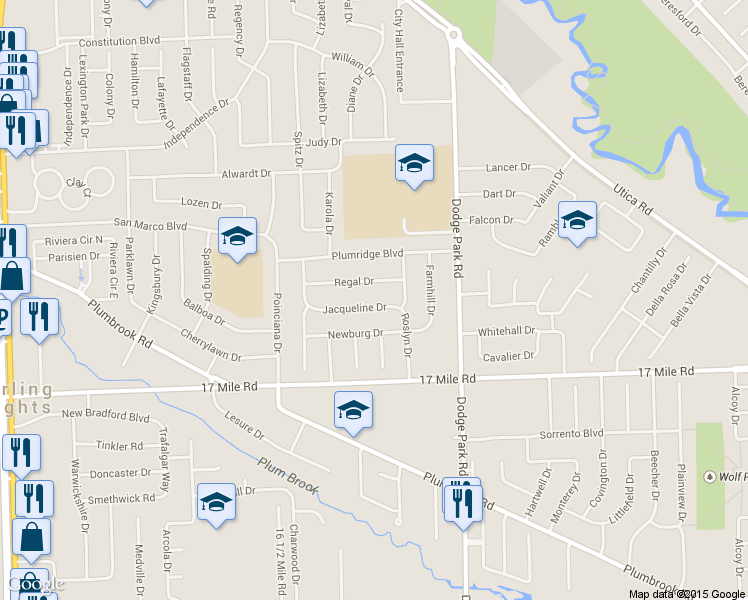 map of restaurants, bars, coffee shops, grocery stores, and more near 11309 Jacqueline Drive in Sterling Heights