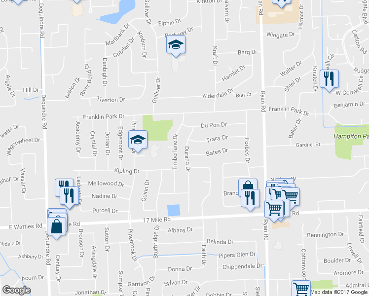 map of restaurants, bars, coffee shops, grocery stores, and more near 39647 Durand Drive in Sterling Heights