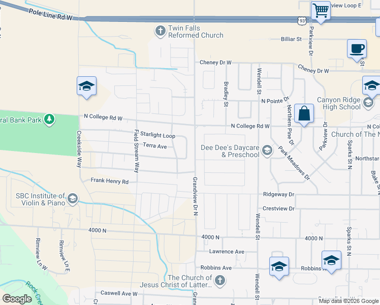 map of restaurants, bars, coffee shops, grocery stores, and more near 920 Starlight Loop in Twin Falls