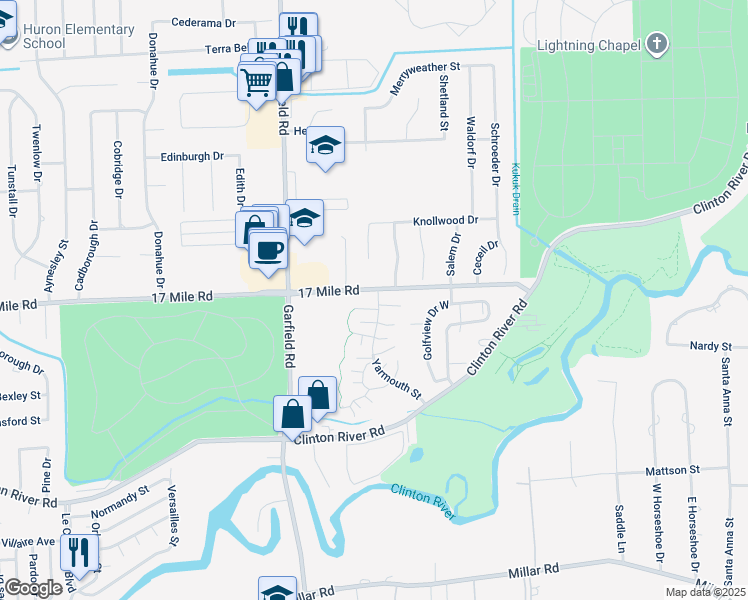 map of restaurants, bars, coffee shops, grocery stores, and more near 38833 Marblehead Court in Macomb County