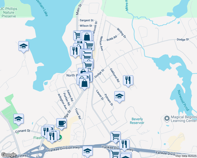 map of restaurants, bars, coffee shops, grocery stores, and more near 3 Roy Ave in Beverly