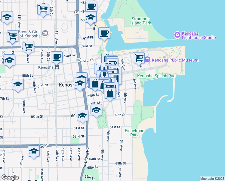 map of restaurants, bars, coffee shops, grocery stores, and more near 508 58th Street in Kenosha