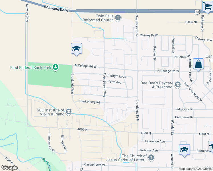 map of restaurants, bars, coffee shops, grocery stores, and more near 1098 Sunnybrook Avenue in Twin Falls