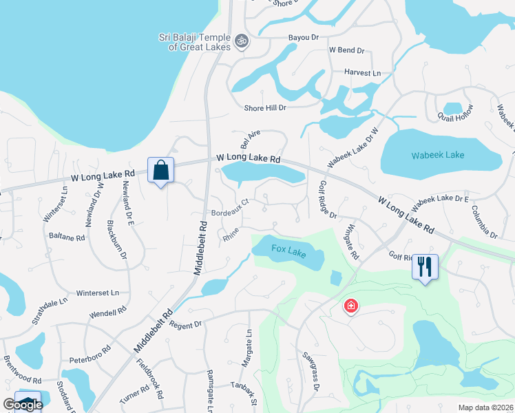 map of restaurants, bars, coffee shops, grocery stores, and more near 2175 Bordeaux in West Bloomfield Township