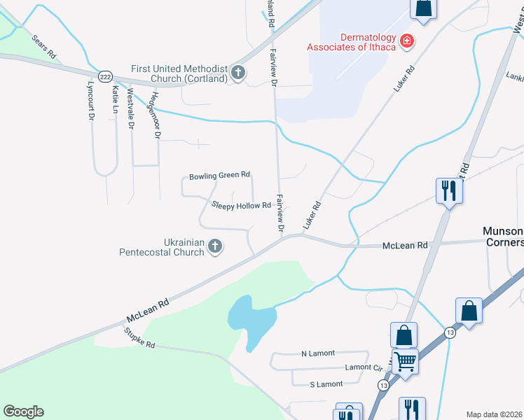 map of restaurants, bars, coffee shops, grocery stores, and more near 771 Sleepy Hollow Rd in Cortland