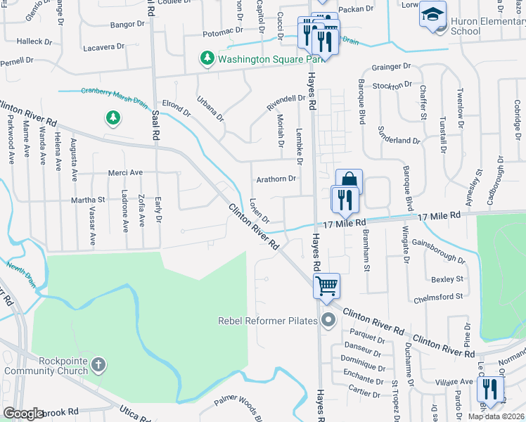 map of restaurants, bars, coffee shops, grocery stores, and more near 39055 Mallorn Drive in Sterling Heights