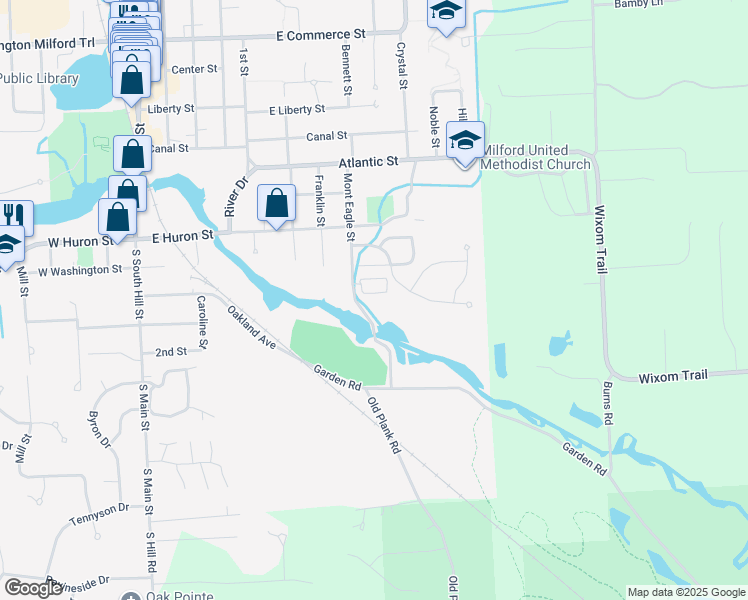 map of restaurants, bars, coffee shops, grocery stores, and more near 1029 Creekwood Lane in Milford Charter Township