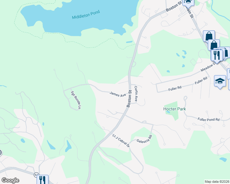 map of restaurants, bars, coffee shops, grocery stores, and more near 9 James Avenue in Middleton