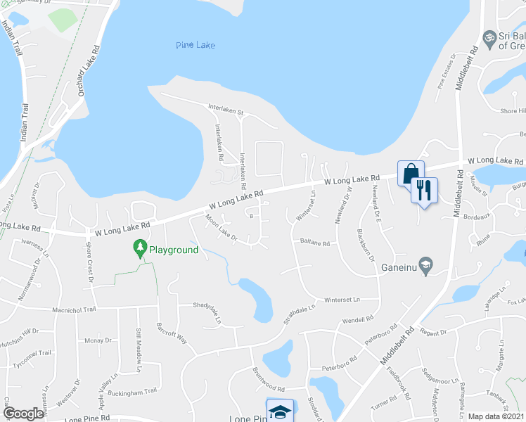 map of restaurants, bars, coffee shops, grocery stores, and more near 2915 Moon Lake Drive in West Bloomfield Township