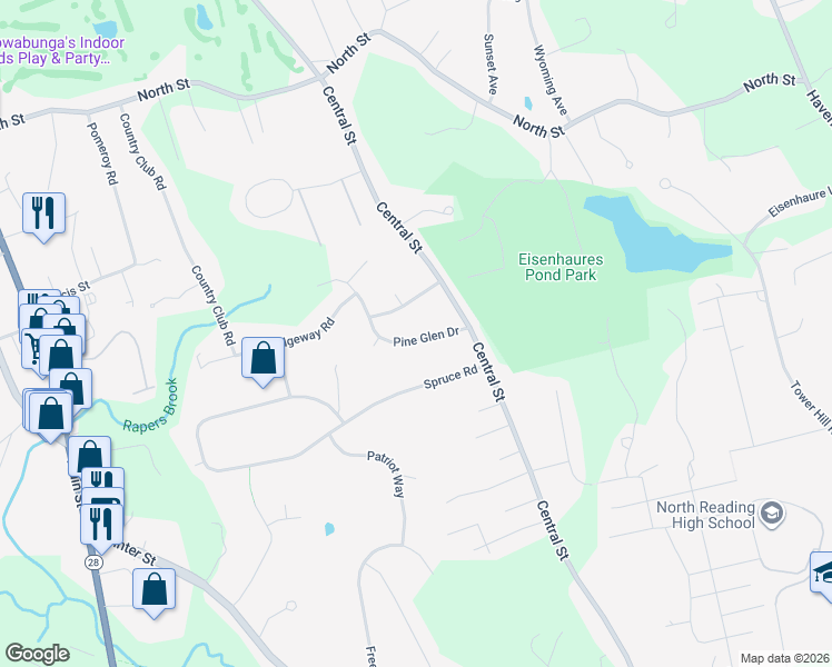 map of restaurants, bars, coffee shops, grocery stores, and more near 5 Pine Glen Drive in North Reading