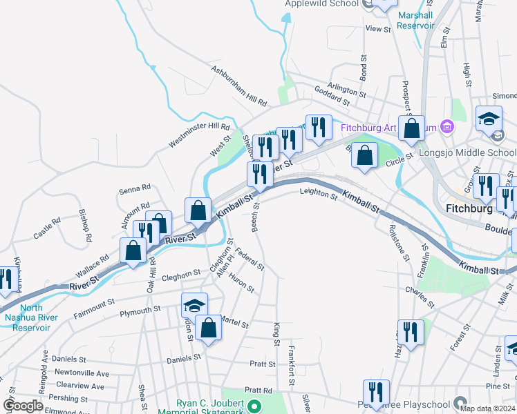 map of restaurants, bars, coffee shops, grocery stores, and more near 22 Beech Street in Fitchburg