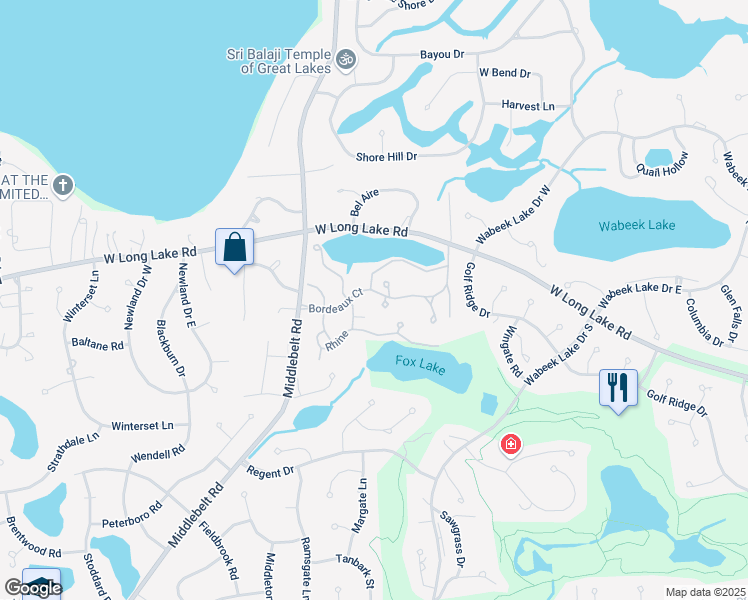 map of restaurants, bars, coffee shops, grocery stores, and more near 2175 Bordeaux in West Bloomfield Township