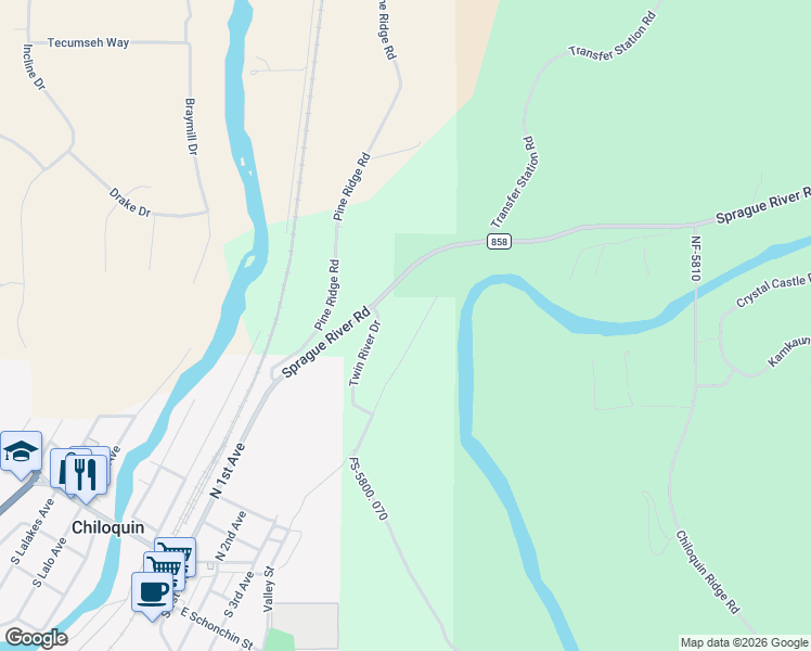 map of restaurants, bars, coffee shops, grocery stores, and more near 39530 Spring Trail Court in Chiloquin
