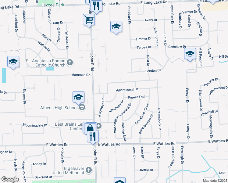 map of restaurants, bars, coffee shops, grocery stores, and more near 2177 Hillcrescent Drive in Troy