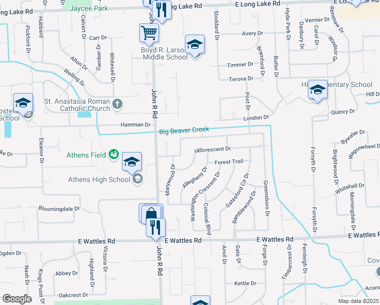 map of restaurants, bars, coffee shops, grocery stores, and more near 2177 Hillcrescent Drive in Troy
