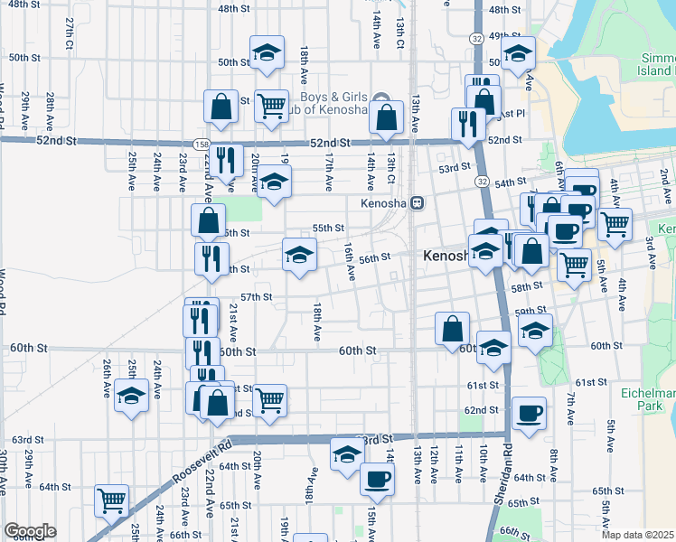 map of restaurants, bars, coffee shops, grocery stores, and more near 1615 56th Street in Kenosha