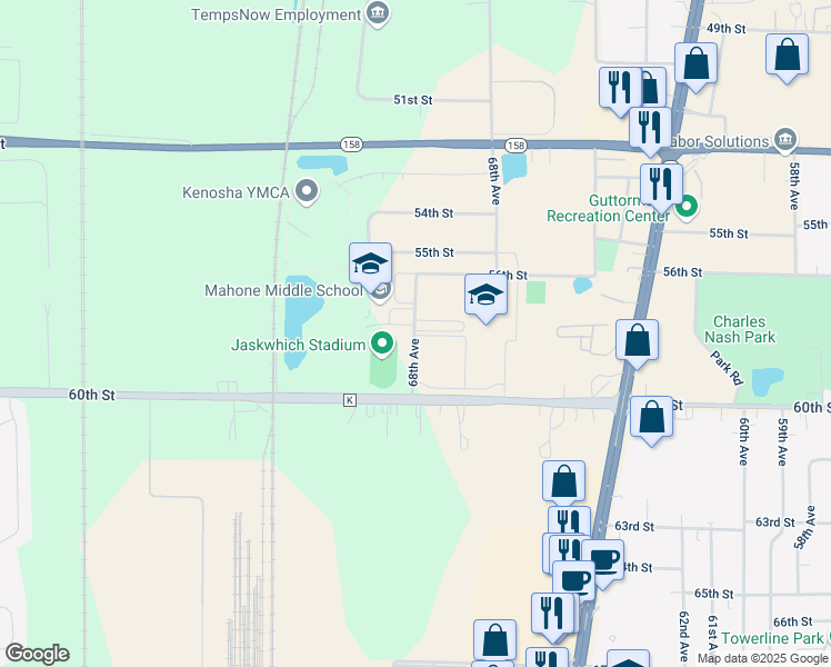 map of restaurants, bars, coffee shops, grocery stores, and more near 6800 60th Street in Kenosha