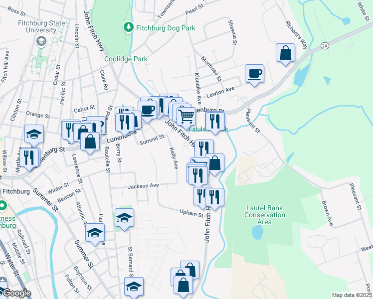 map of restaurants, bars, coffee shops, grocery stores, and more near 483 John Fitch Highway in Fitchburg