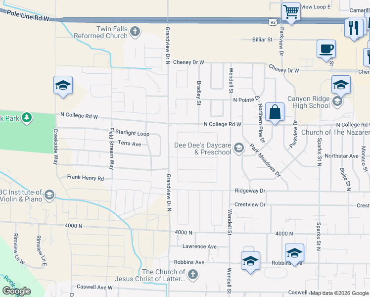 map of restaurants, bars, coffee shops, grocery stores, and more near 871 Cambron Avenue in Twin Falls