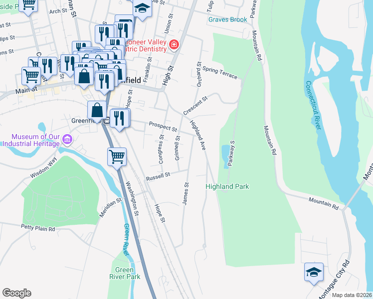 map of restaurants, bars, coffee shops, grocery stores, and more near 16 James Street in Greenfield