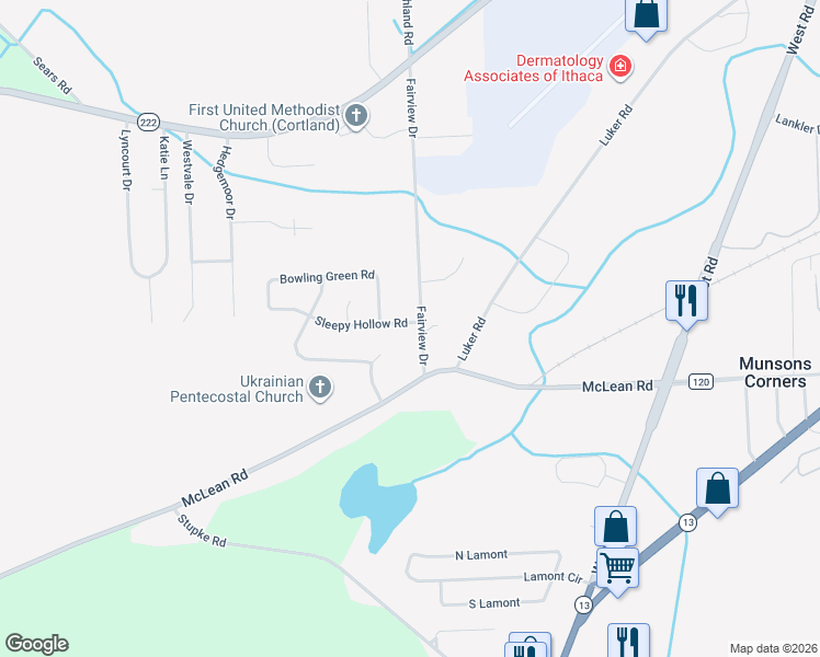 map of restaurants, bars, coffee shops, grocery stores, and more near 771 Sleepy Hollow Road in Cortland