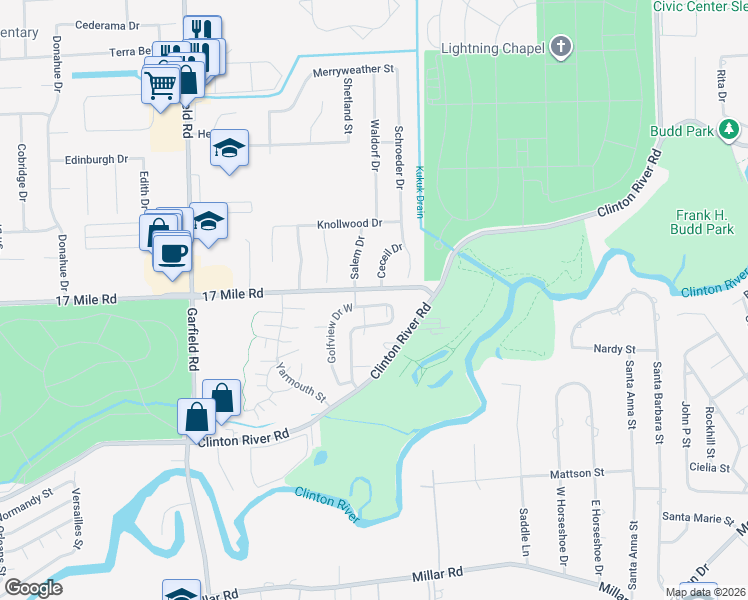 map of restaurants, bars, coffee shops, grocery stores, and more near 38836 Golfview Drive East in Charter Township of Clinton