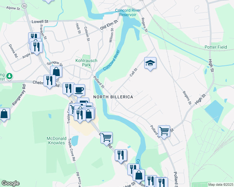 map of restaurants, bars, coffee shops, grocery stores, and more near 1 Call Street in Billerica