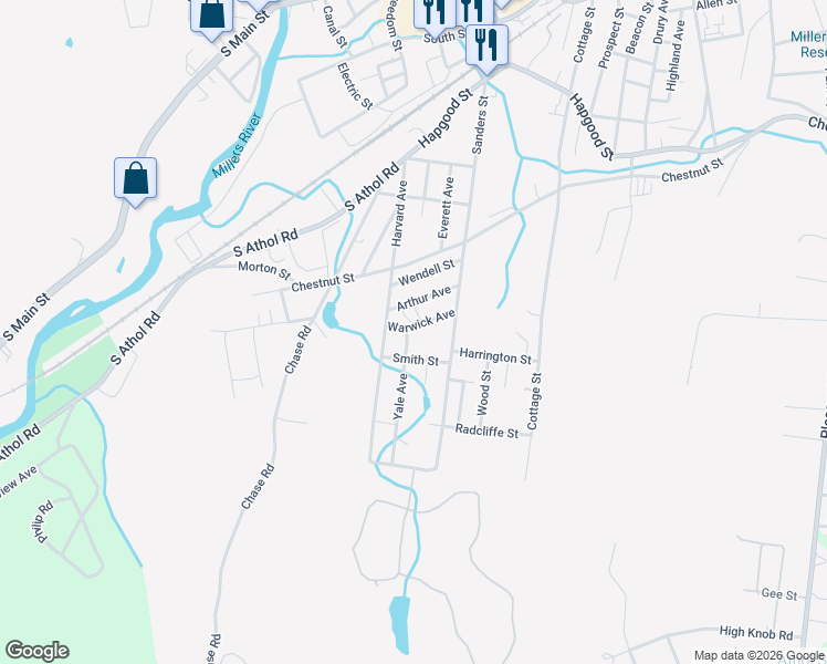 map of restaurants, bars, coffee shops, grocery stores, and more near 94 Warwick Avenue in Athol