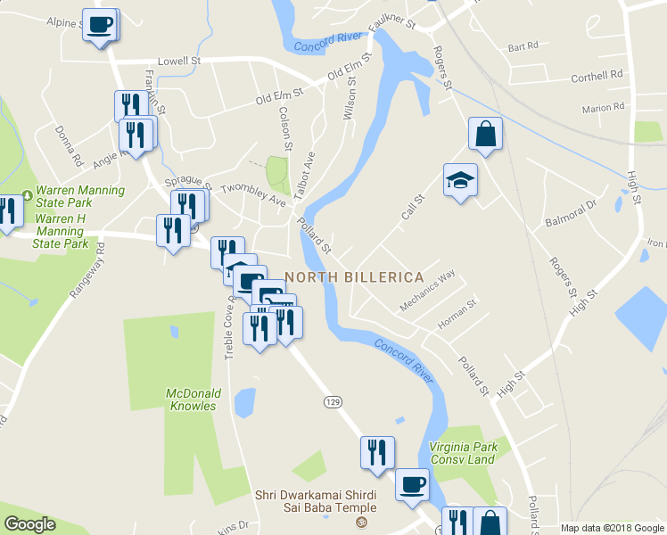 map of restaurants, bars, coffee shops, grocery stores, and more near 23 Pollard Street in Billerica