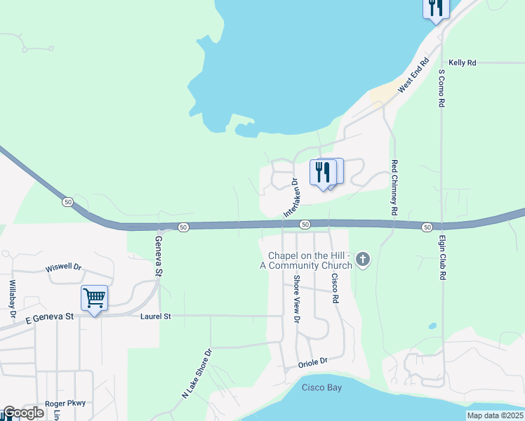 map of restaurants, bars, coffee shops, grocery stores, and more near W4318 State Road 50 in Lake Geneva