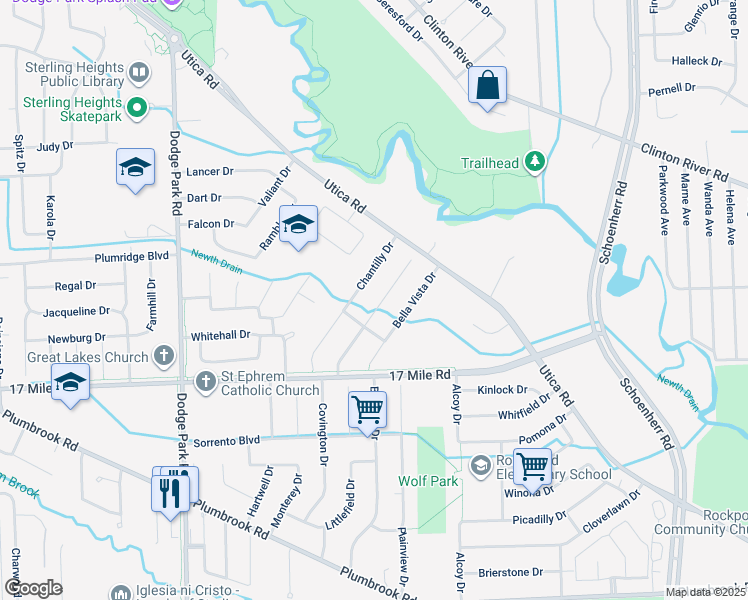 map of restaurants, bars, coffee shops, grocery stores, and more near 39367 Della Rosa Drive in Sterling Heights