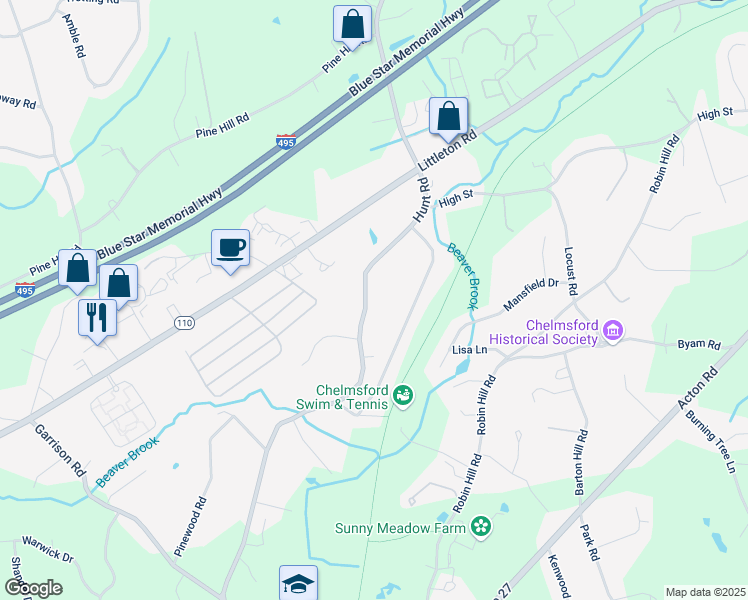 map of restaurants, bars, coffee shops, grocery stores, and more near 92 Hunt Road in Chelmsford