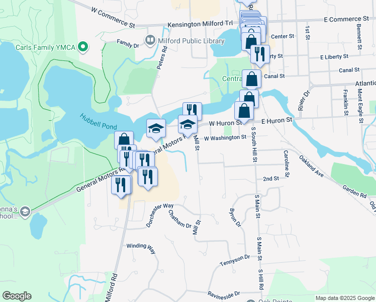 map of restaurants, bars, coffee shops, grocery stores, and more near 515 General Motors Road in Milford charter Township