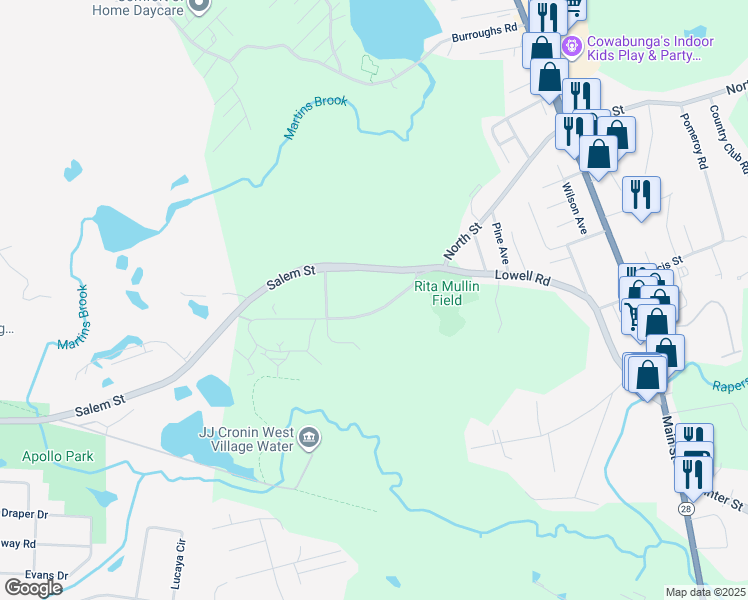 map of restaurants, bars, coffee shops, grocery stores, and more near 106 Lowell Road in North Reading