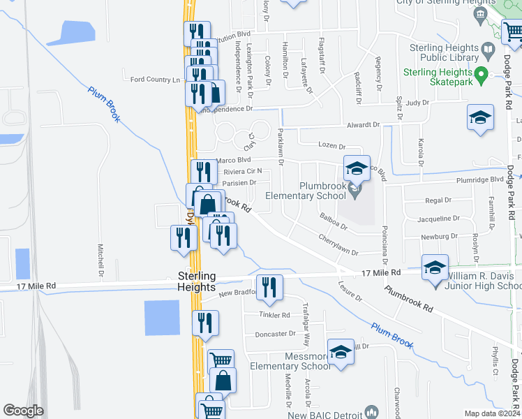 map of restaurants, bars, coffee shops, grocery stores, and more near 39507 Riviera Circle East in Sterling Heights