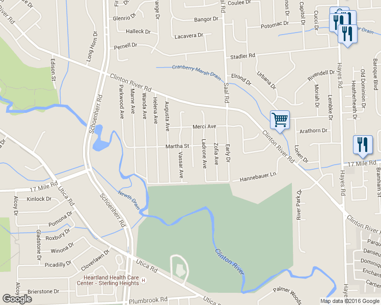 map of restaurants, bars, coffee shops, grocery stores, and more near 39143 Casimira Ave in Sterling Heights