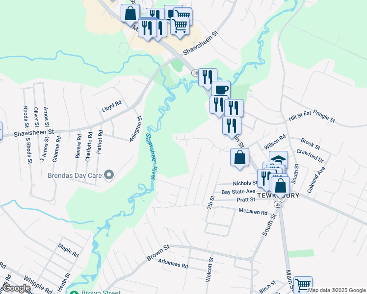 map of restaurants, bars, coffee shops, grocery stores, and more near 5 Decarolis Drive in Tewksbury