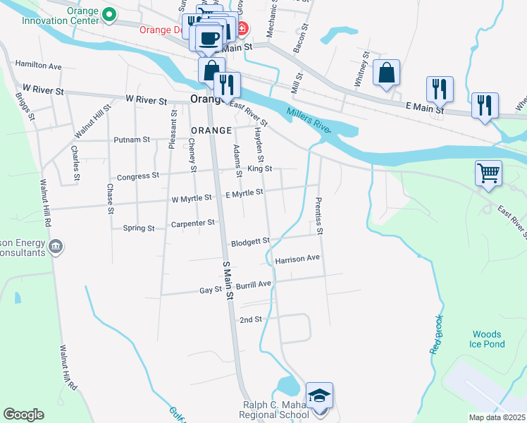 map of restaurants, bars, coffee shops, grocery stores, and more near 120 Hayden Street in Orange