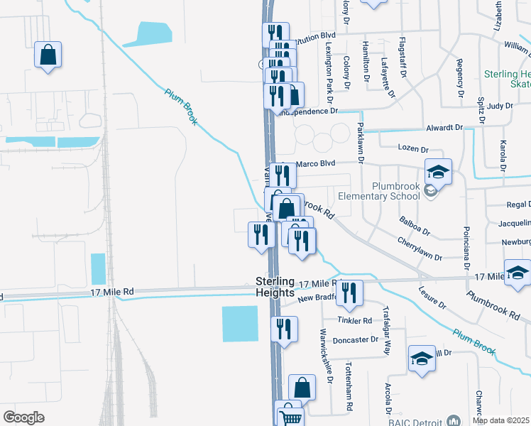 map of restaurants, bars, coffee shops, grocery stores, and more near 39453 Van Dyke Avenue in Sterling Heights