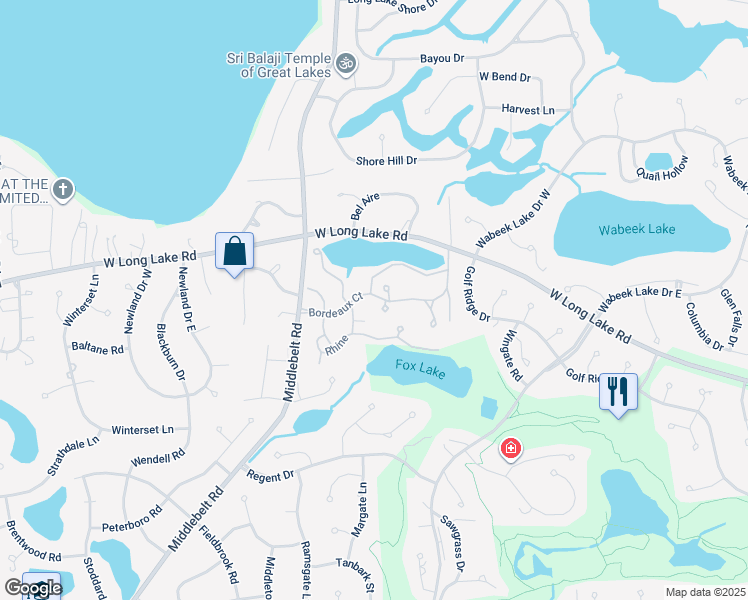 map of restaurants, bars, coffee shops, grocery stores, and more near 2175 Bordeaux in West Bloomfield Township